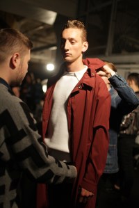Model backstage at E.Tautz Men's RTW Spring 2016