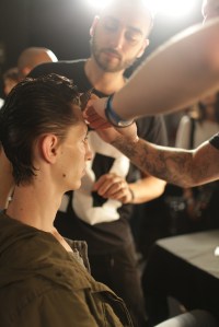 Model backstage at E.Tautz Men's RTW Spring 2016