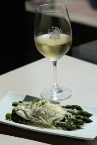 Grilled asparagus with an olive oil fried egg and pecorino