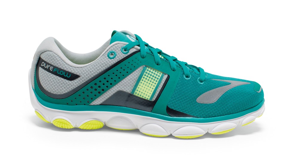 A green, yellow and white sneaker style from Brooks featuring biodegradable plastic in its PureFlow 4 running sneaker.