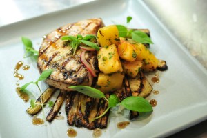 Swordfish with grilled pineapple, salsa and grilled fennel