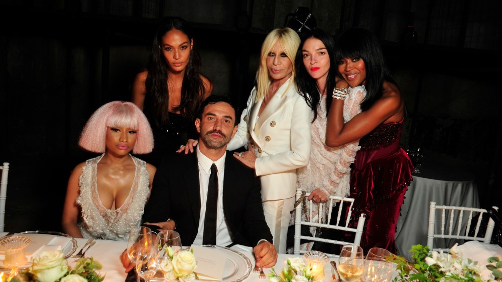 Nicki Minaj, Joan Smalls, Riccardo Tisci, Donatella Versace, Mariacarla Boscono, Naomi Campbell at the Givenchy party in Milan