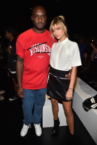 Virgil Abloh and Hailey Baldwin front row at public school spring 2016