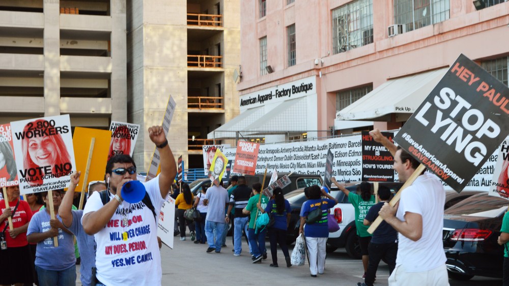 Protesters outside American Apparel headquarters in downtown Los Angeles.