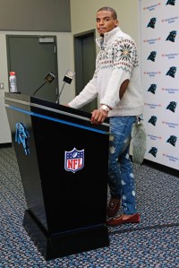 Cam Newton at a postgame press conference during the 2015 season.