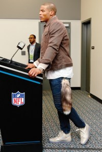 Cam Newton at a postgame press conference during the 2015 season.