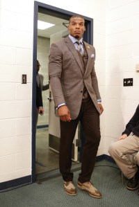 Cam Newton at a postgame press conference during the 2015 season.