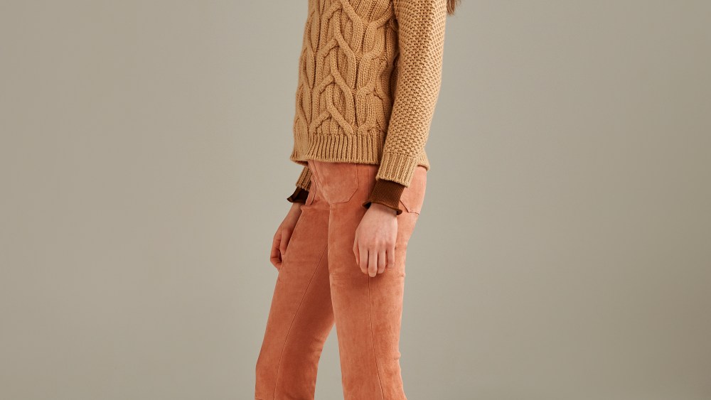 A look with Seafarer suede bell-bottom pants in collaboration with Drome