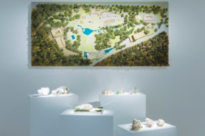 Displays at the exhibit “Fondation Louis Vuitton Building in Paris by Frank Gehry.”