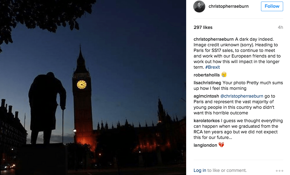 Christopher Ræburn posted a picture of the famed statue of Winston Churchill in Parliament Square with Big Ben in the background