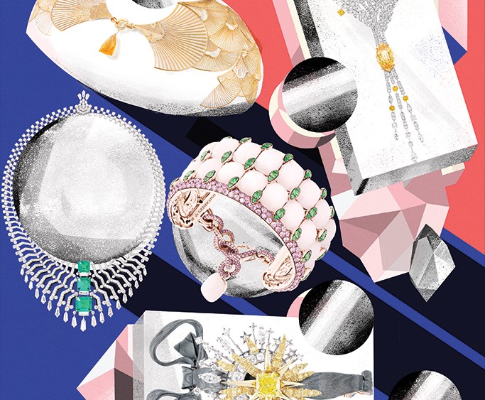 Clockwise from top left: Boucheron’s Cape de Lumière cape, Chanel’s Moisson d’Or brooch, De Grisogono’s bracelet, Dior’s Salon d’Apollon bracelet and Cartier’s Oracle necklace.