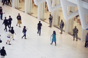 There was increased police and National Guard presence at major destinations and landmarks in the city, including Westfield World Trade Center, pictured here.