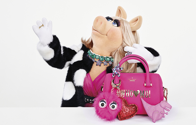 An ad campaign image from the Kate Spade New York holiday collection starring Miss Piggy.