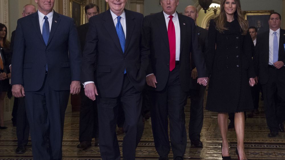 Vice President-elect Mike Pence, Senate Majority Leader Mitch McConnell, President-elect Donald Trump and Melania Trump in the Capitol.
