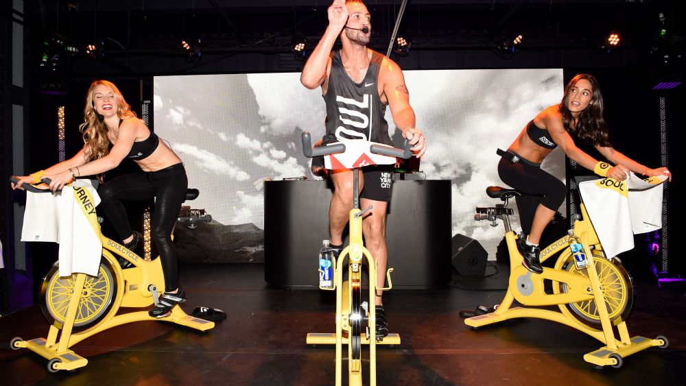 A Soulcycle fitness class in session.