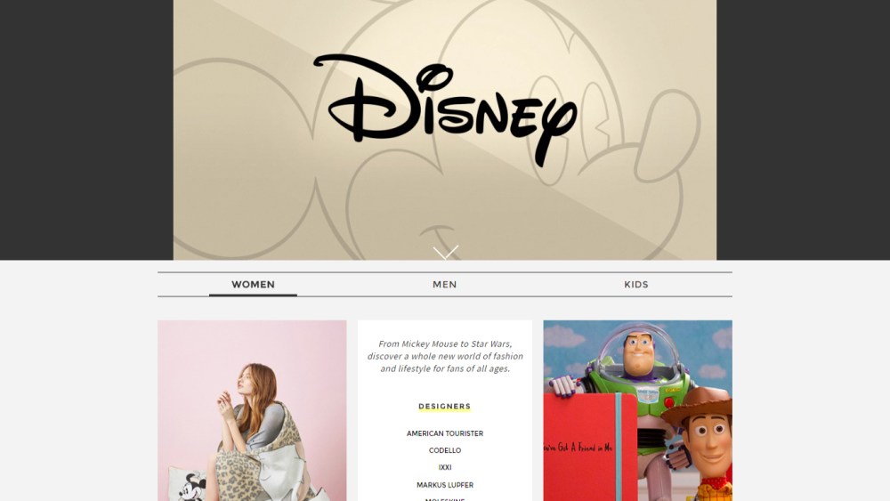 A screenshot of the Yoox Disney store on Yoox.com