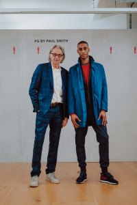 Paul Smith and a model wearing a look from Paul Smith's Fall collection that will be shown at Pitti Uomo.