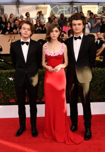 Charlie Heaton in Gucci, Natalia Dyer in Miu Miu and Joe Keery in Giorgio Armani SAG Awards Fashion 2017