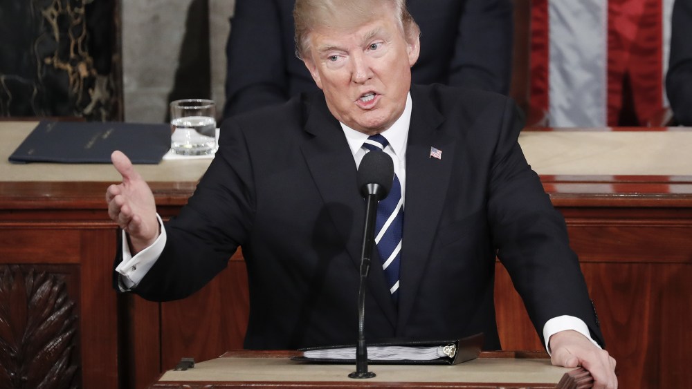 Copyright 2017 The Associated Press. All rights reserved. This material may not be published, broadcast, rewritten or redistributed without permission.Mandatory Credit: Photo by Pablo Martinez Monsivais/AP/REX/Shutterstock (8445162az)President Donald Trump gestures towards democrats while addressing a joint session of Congress on Capitol Hill in WashingtonTrump Speech, Washington, USA - 28 Feb 2017