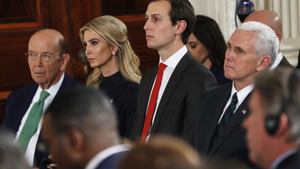 Copyright 2017 The Associated Press. All rights reserved. This material may not be published, broadcast, rewritten or redistributed without permission.Mandatory Credit: Photo by AP/REX/Shutterstock (8523095as)Commerce Secretary Wilbur Ross, Ivanka Trump, senior adviser Jared Kushner and Vice President Mike Pence listen during a news conference with President Donald Trump and German Chancellor Angela Merkel in the East Room of the White House in WashingtonTrump US Germany, Washington, USA - 17 Mar 2017