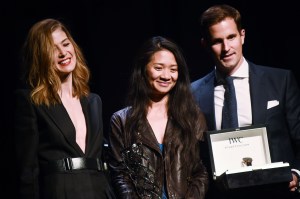 Rosamund Pike, Chloe Zhao and Christoph Grainger-HerrIWC Schaffhausen 5th Annual For the Love of Cinema Gala, Inside, Tribeca Film Festival, New York, USA - 21 Apr 2017