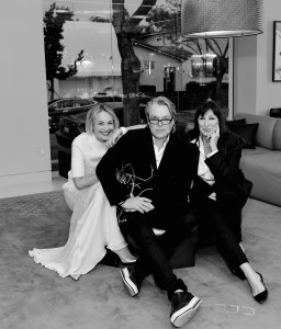 Sharon Stone, David Downton and Angelica Huston at Mass Beverly showroom