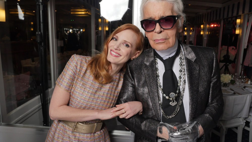 Jessica Chastain and Karl Lagerfeld at the Vanity Fair France and Chanel Dinner in Cannes