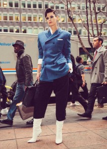 Wunderkind’s baby alpaca and polyamide jacket and Jil Sander’s virgin wool and silk shorts. Giuseppe Zanotti boots (worn throughout); Isabel Marant earrings (worn throughout); Coach bag.