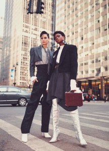 Kasimira (left): Trussardi’s wool crop blazer (worn throughout) over Thom Browne’s pique vest and tie and 3.1 Phillip Lim’s wool and viscose pants. Giuseppe Zanotti boots (worn throughout); Isabel Marant earrings (worn throughout). Imade (right): Mugler’s virgin wool and cashmere sweater under Isabel Marant’s TK jacket and Aquilano.Rimondi’s virgin wool and silk skirt. Manolo Blahnik boots (worn throughout); Alexandre Vauthier belt (worn throughout); Eddie Borgo bag; Elizabeth Kennedy earring (worn throughout).