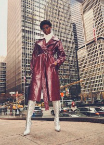 Michael Kors Collection’s leather coat over Tibi’s cotton shirt. Manolo Blahnik books; Proenza Schouler earrings.