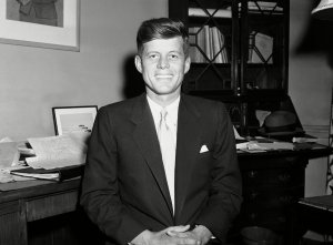 U.S. Representative John F. Kennedy running for the U.S. Senate seat from Mass.is seated at his desk in his Boston office onJOHN KENNEDY US Congressman, Boston, USA