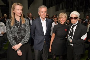 Delphine Arnault, Bernard Arnault, Helene Mercier-Arnault and Karl Lagerfeld at Dior Homme