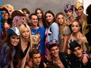 Jeremy Scott and models backstageMOSCHINO Spring Summer 2018 Menswear and Women's Resort Collection, Backstage, Los Angeles, USA - 08 Jun 2017
