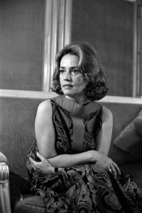 Actress, screenwriter and director Jeanne Moreau being interviewed in Los Angeles