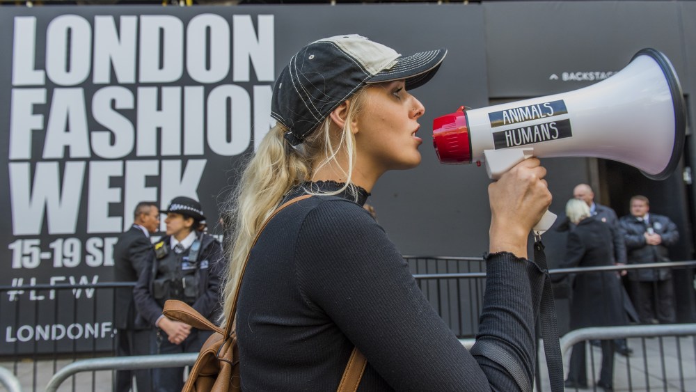 A protest by animal rights activiists CAFT (Coalition to Abolish the Fur trade) against the use of fur by the Fashion industry blockades one of the venues for London Fashion Week in the Aldwych.Anti-Fur Protest, London Fashion Week, UK - 17 Sep 2017