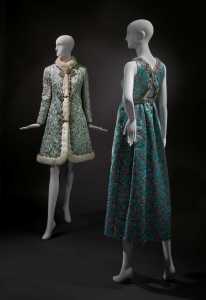Oscar de la Renta, Coat and Dress Ensemble (L) with Evening Ensemble (R).