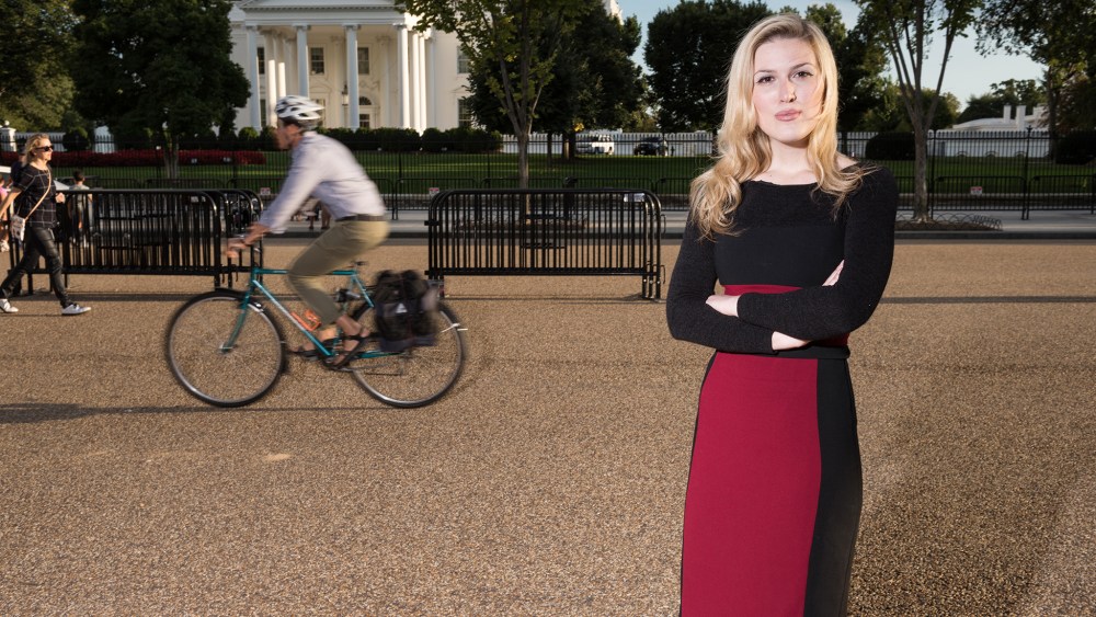 WASHINGTON, DC - SEPTEMBER 15: Olivia Nuzzi, Washington Correspondent for New York Magazine, stands for a portrait near the White House on Sept. 15, 2017 in Washington, D.C. (Photo by Joshua Yospyn/For Women's Wear Daily)