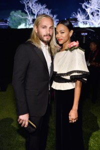 LOS ANGELES, CA - NOVEMBER 04:  Artist Marco Perego (L) and actor Zoe Saldana, wearing Gucci, attend the 2017 LACMA Art + Film Gala Honoring Mark Bradford and George Lucas presented by Gucci at LACMA on November 4, 2017 in Los Angeles, California.  (Photo by Stefanie Keenan/Getty Images for LACMA) *** Local Caption *** Marco Perego;Zoe Saldana