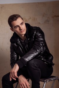 Saint Laurent’s leather and shearling jacket, Levi’s cotton T-shirt and Levi’s Made & Crafted’s cotton denim jeans.