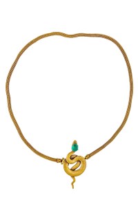 A gold-plated rope belt with central coiled snake accented with simulated emerald.  The snake was designed and created by Joseff for "Cleopatra" (20th Century Fox, 1963), but in the final film Elizabeth Taylor wears an alternate version of the design without the simulated emerald.