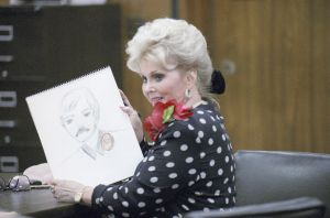 Actress Zsa Zsa Gabor shows off a sketch she made during her trial in Beverly Hills, Calif. on . Miss Gabor, who says doodling "calms my nerves," was warned by the judge that she could be held in contempt of court for her remarks to reporters covering her trial on charges of slapping a policemanZsa Zsa Gabor 1989, Beverly Hills, USA