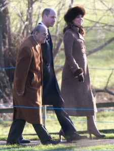 Prince William and Catherine Duchess of Cambridge with Prince Philip at St Mary Magdalene Church at SandringhamRoyals at Church, Sandringham, Norfolk, UK - 07 Jan 2018