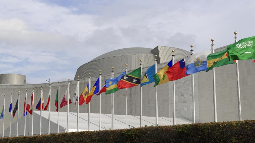 International flags in front of the Headquarters of the United Nations, Manhattan, New York, USAVARIOUS