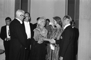 John R. Stevenson, George and Barbara Bush with "Bunny" and Paul Mellon during a party to honor the National Gallery's 40th year in Washington D.C., 1981.