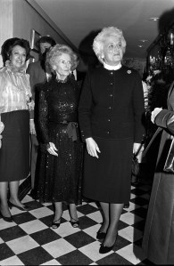 Ruth Buchanan and Barbara Bush at a cocktail-buffet fundraiser for Alzheimer's Disease and Related Disorders Association at Buchanan's home in Washington, D.C., 1983.