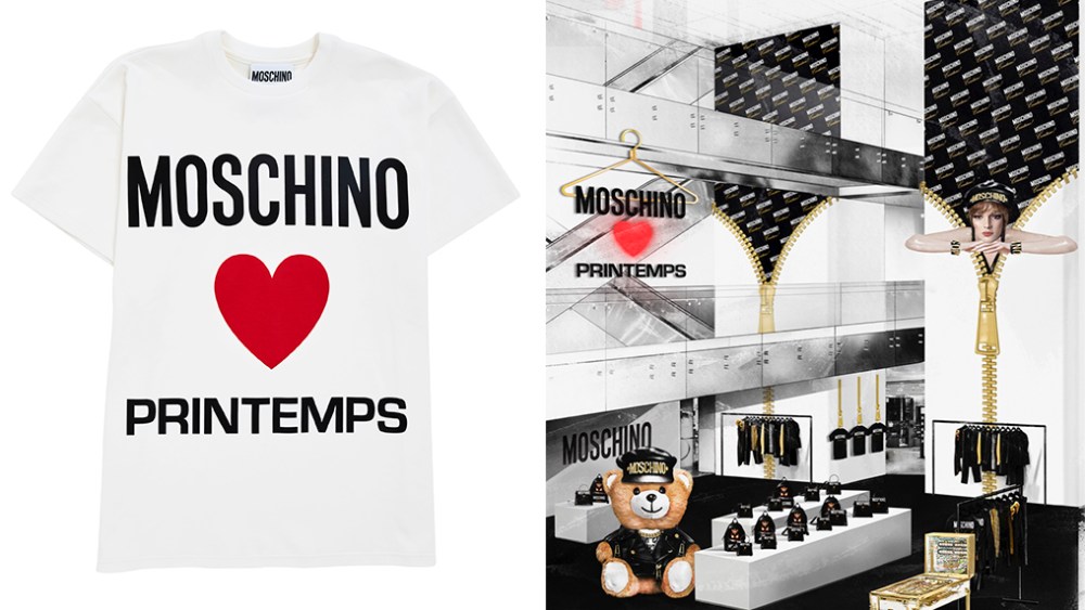Left :A “Moschino Loves Printemps” T-shirt. Right: A rendering of the Moschino pop-up at Printemps.