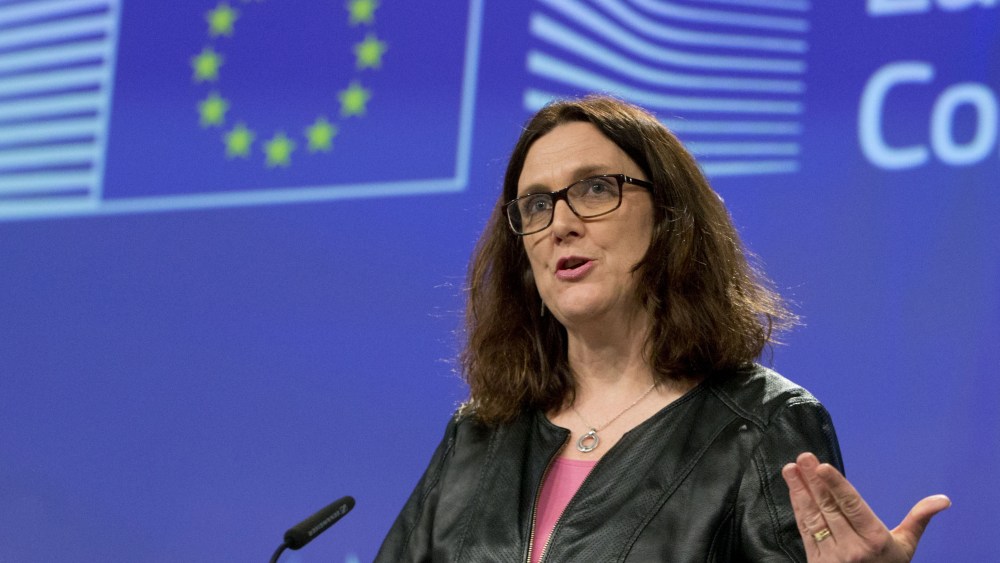European Commissioner for Trade Cecilia Malmstroem speaks during a media conference at EU headquarters in Brussels on . The European Union will set out its strategy Wednesday on how to counter potential U.S. punitive tariffs on steel and aluminumEurope US Trade War, Brussels, Belgium - 07 Mar 2018