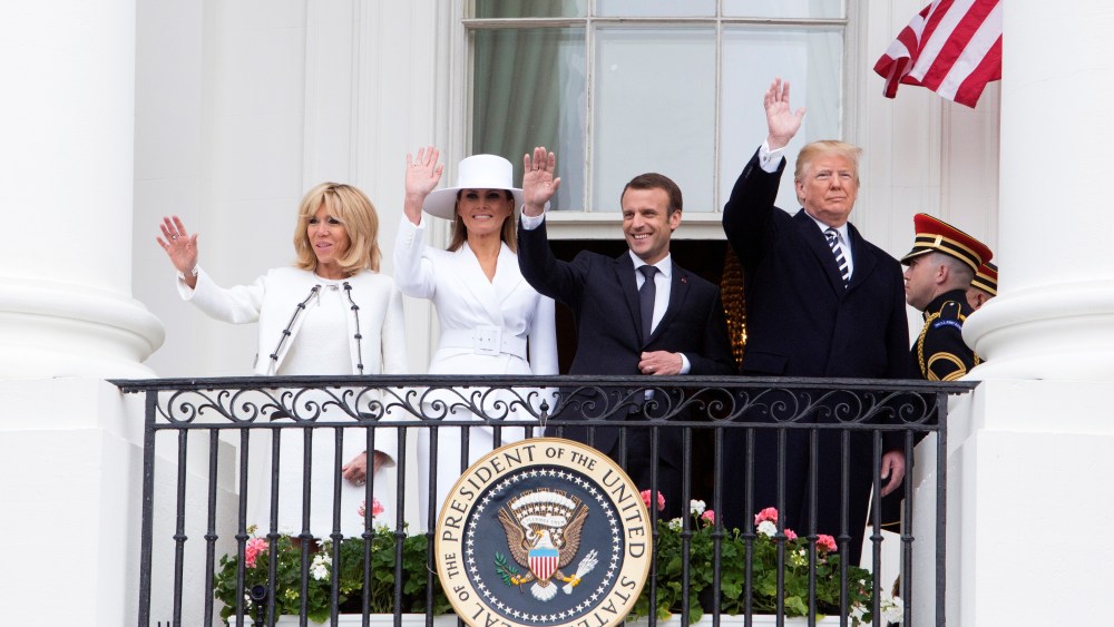 US President Donald J. Trump (R), his wife Melania Trump (2-L), French President Emmanuel Macron (2-R) and his wife Brigitte Macron wave from a balcony at the White House in Washington, DC, USA, 24 April 2018. President Macron will be in DC for three days for a state visit at the White House and an address to a joint session of Congress on 25 April.French President Macron visits USA, Washington - 24 Apr 2018