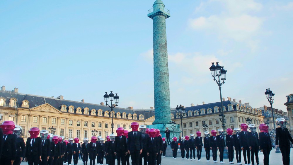 Performers dance wearing Karl Lagerfeld masks on Place Vendome to mark the launch of the Karl Lagerfeld + ModelCo makeup product line in Paris, FranceKarl Lagerfeld x ModelCo launch event, Paris, France - 15 May 2018