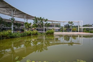 A waterway, built from an existing canal to comply with current laws, helps keep the air cool and maintain the environmental mission.